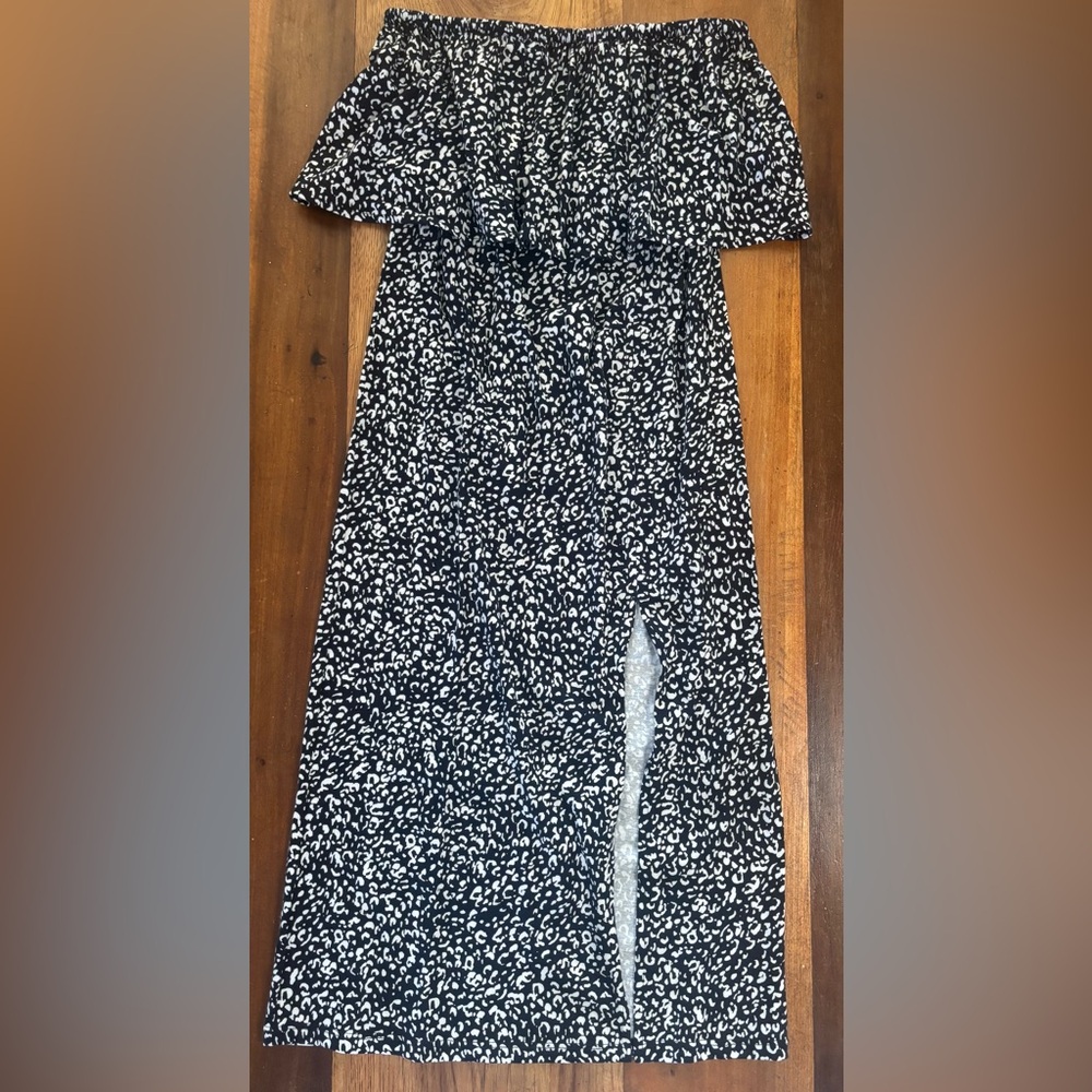 O'Neill Strapless Ruffle Top Midi Dress Black w/White Floral Small Side Slit